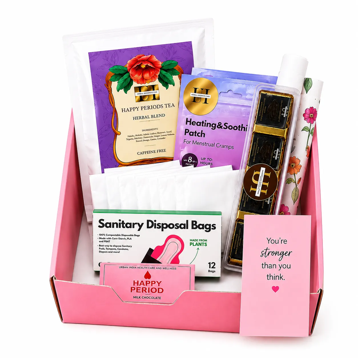 Happy Flow Kit – Period Comfort Essentials (Pads, Heat Patches, Tea & More)